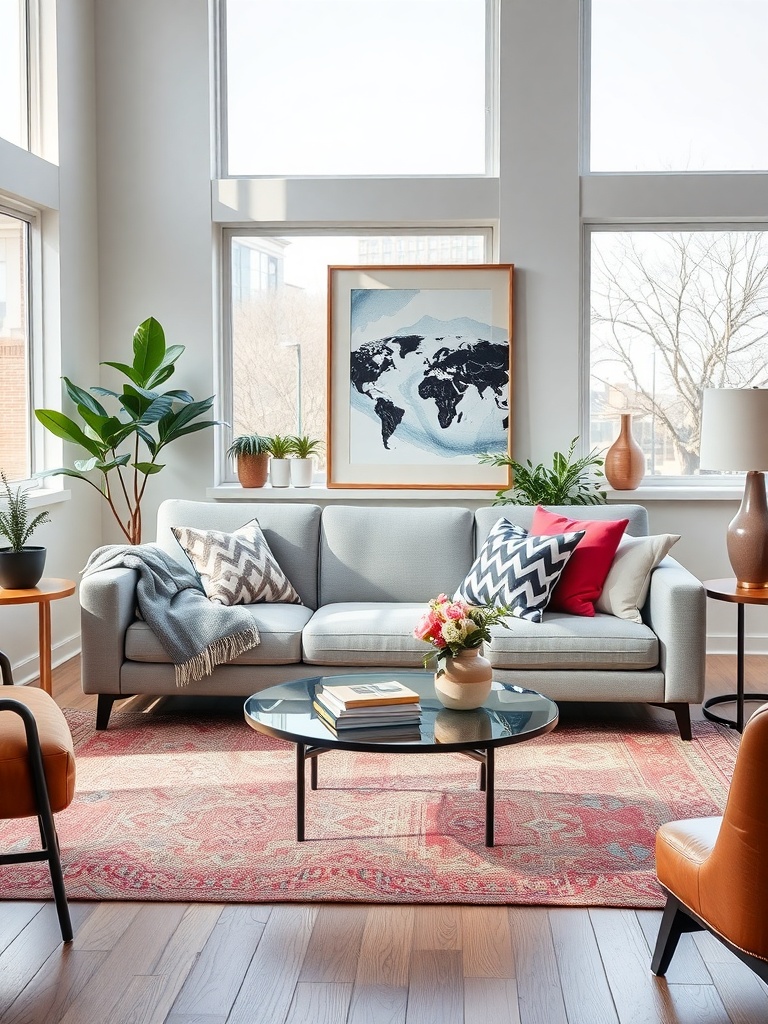 A stylish living room featuring the Room & Board Metro Sofa with large windows and decorative plants.