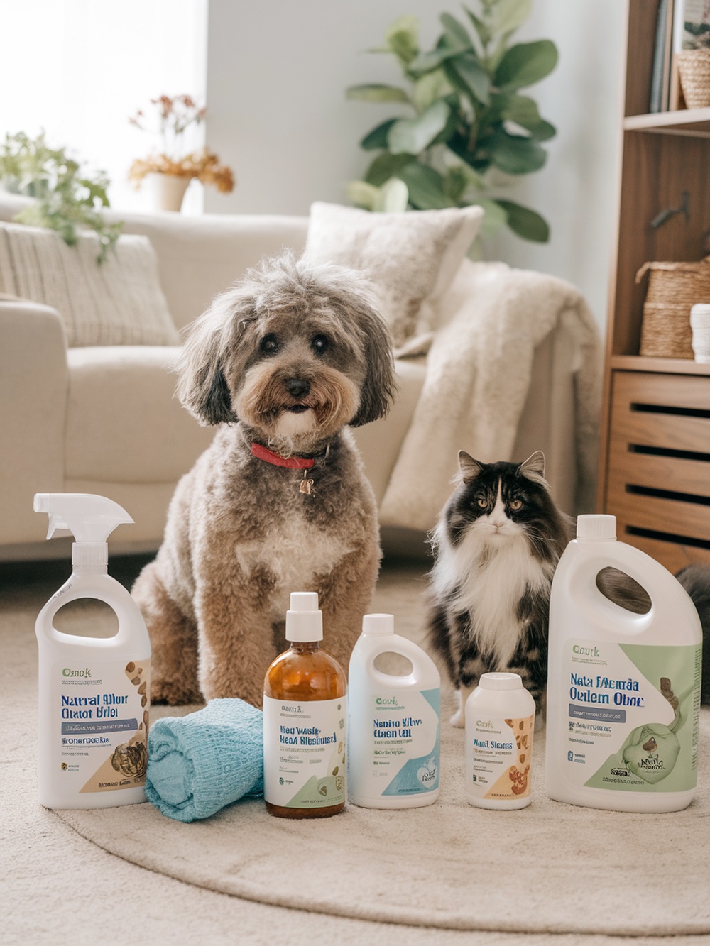 A dog and a cat sitting next to various pet cleaning products in a cozy living room.