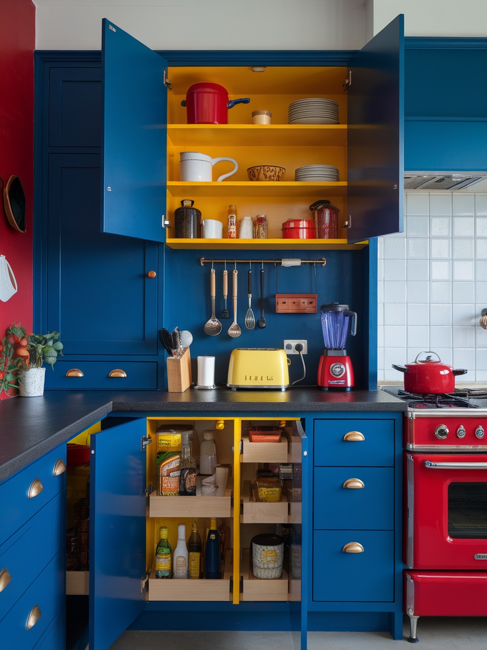 A modern kitchen with bold blue cabinets and yellow interior shelves, featuring red accents.