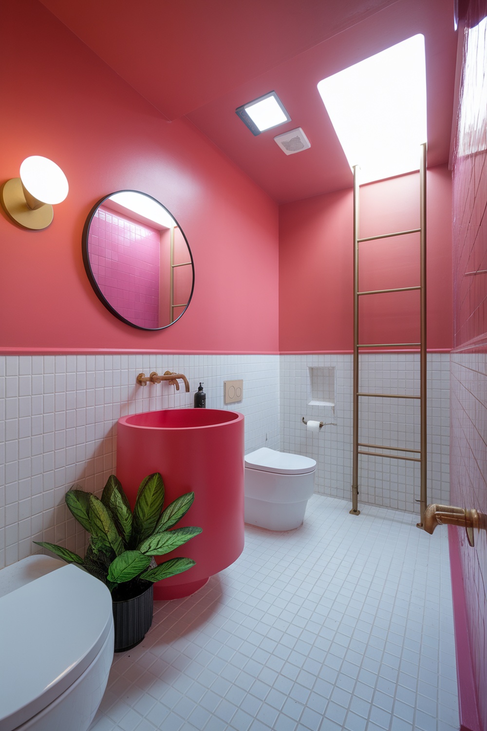 A modern bathroom featuring vibrant pink walls, a round pink sink, white tiles, and a plant.