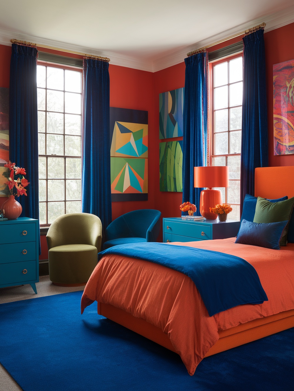 A vibrant bedroom with bold red walls, blue curtains, and colorful decor.