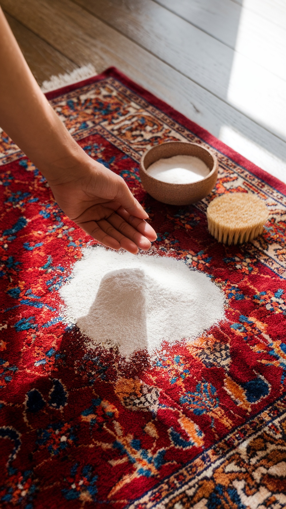 A hand sprinkling baking soda on a colorful rug with a bowl of baking soda and a brush nearby.