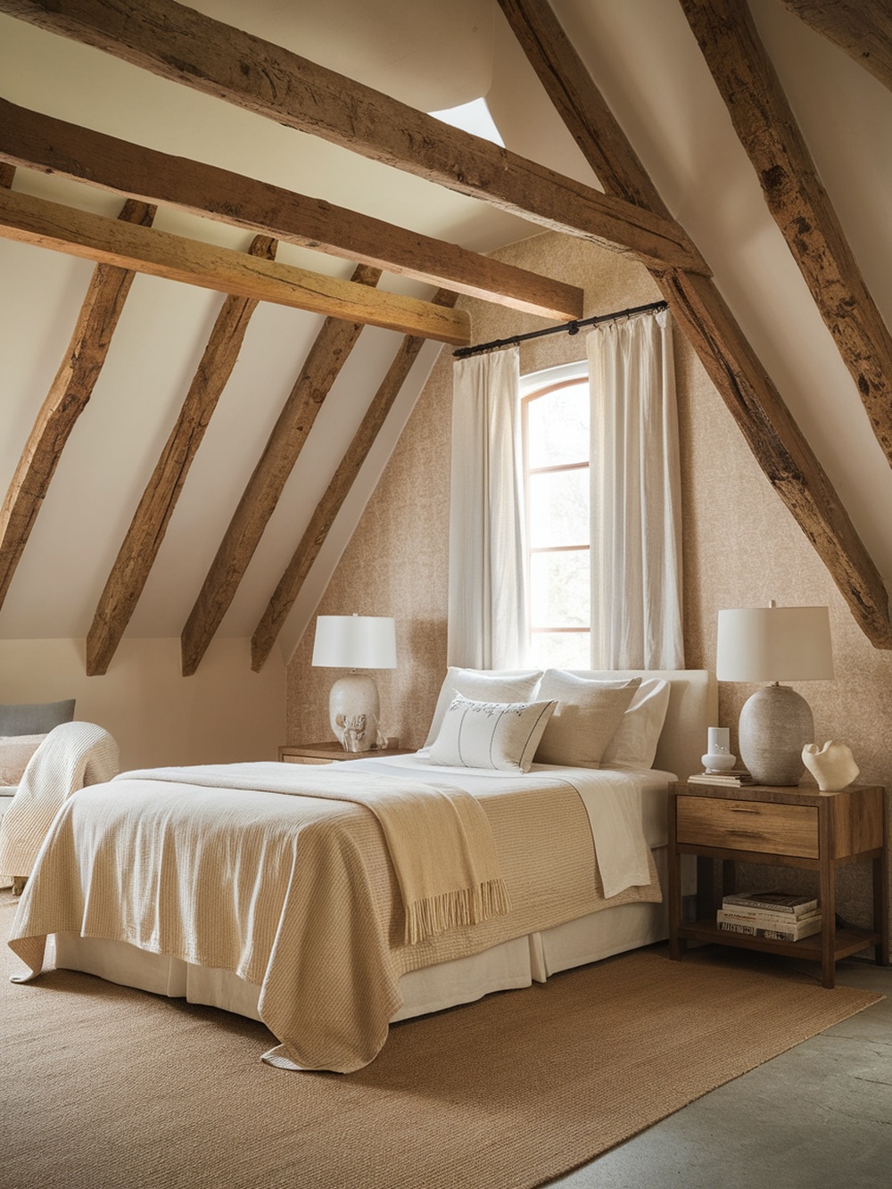 A cozy bedroom featuring exposed wooden beams on the ceiling, soft neutral bedding, and rustic decor.