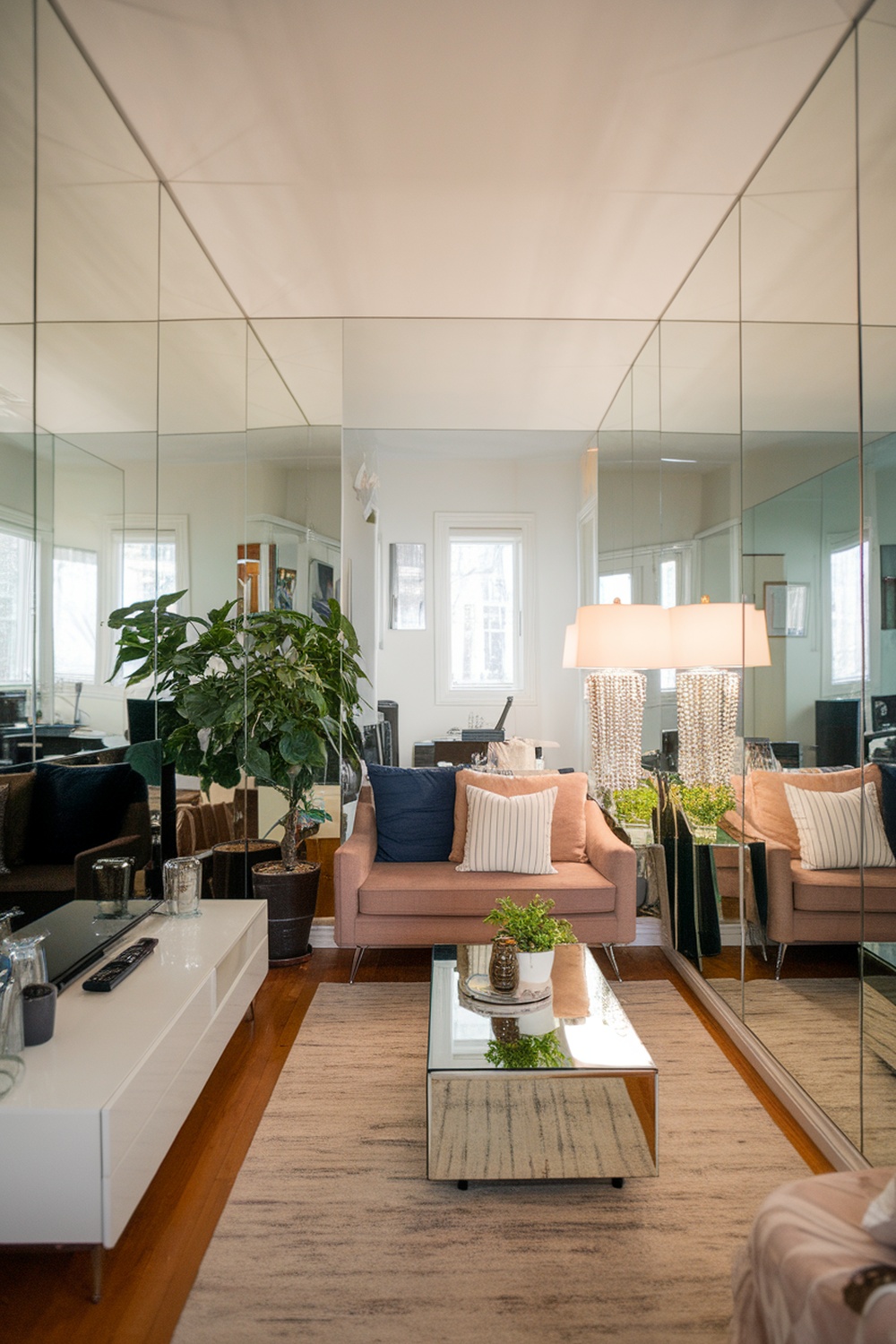 A small living room with mirrored walls, a cozy sofa, and plants, creating an illusion of space.