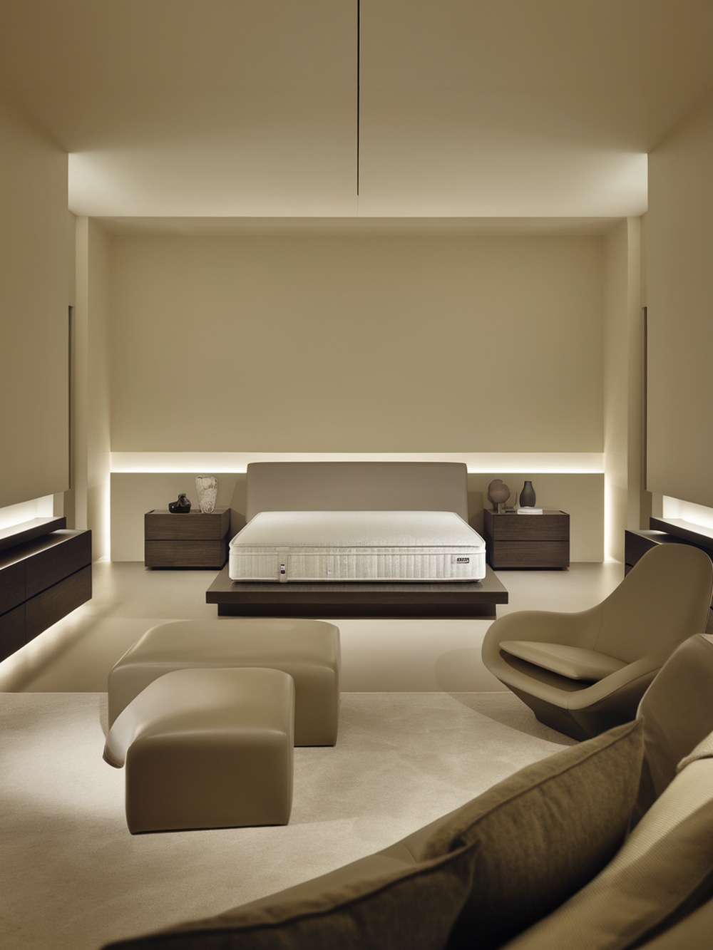 A minimalist modern luxury bedroom featuring soft neutral tones, sleek furniture, and innovative lighting.