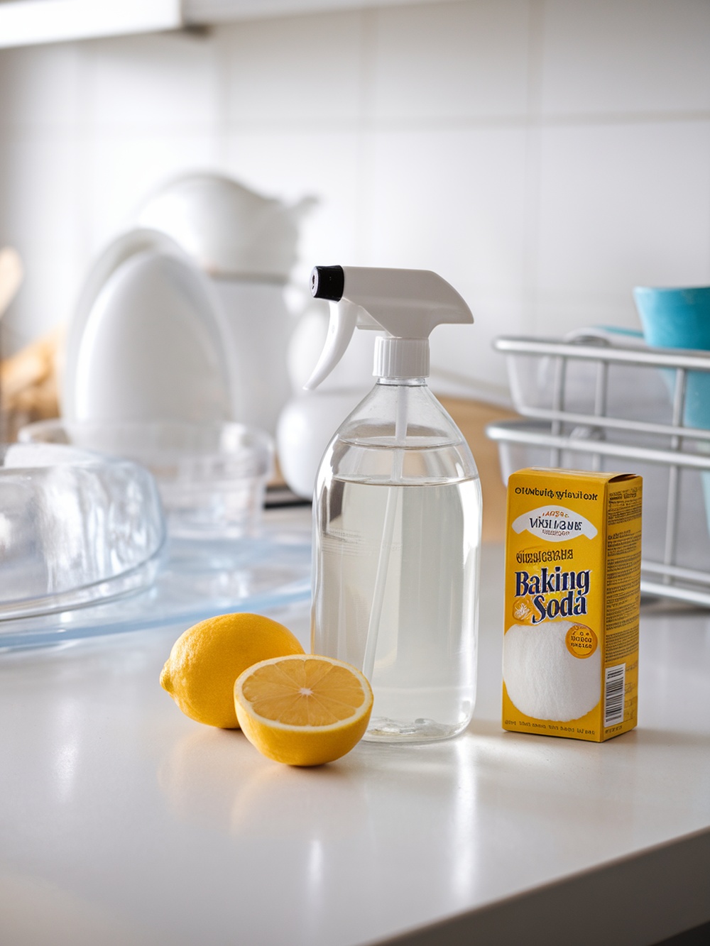 A spray bottle of vinegar, fresh lemons, and a box of baking soda on a kitchen counter.