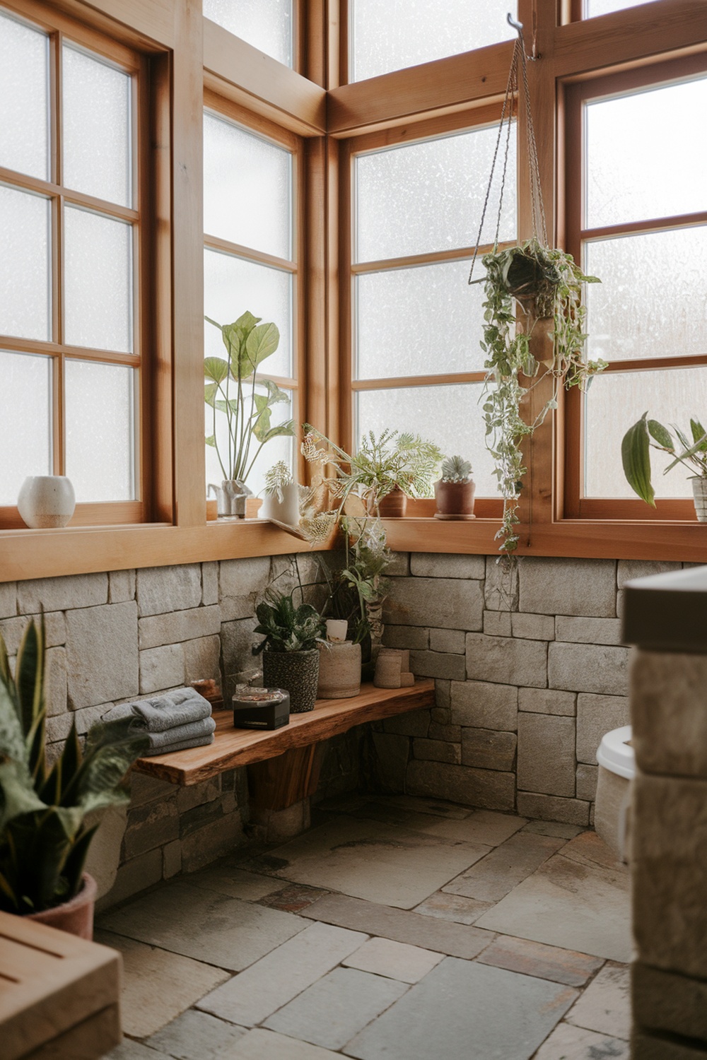 A rustic bathroom featuring stone walls, wooden bench, and various potted plants, illuminated by natural light from large windows.