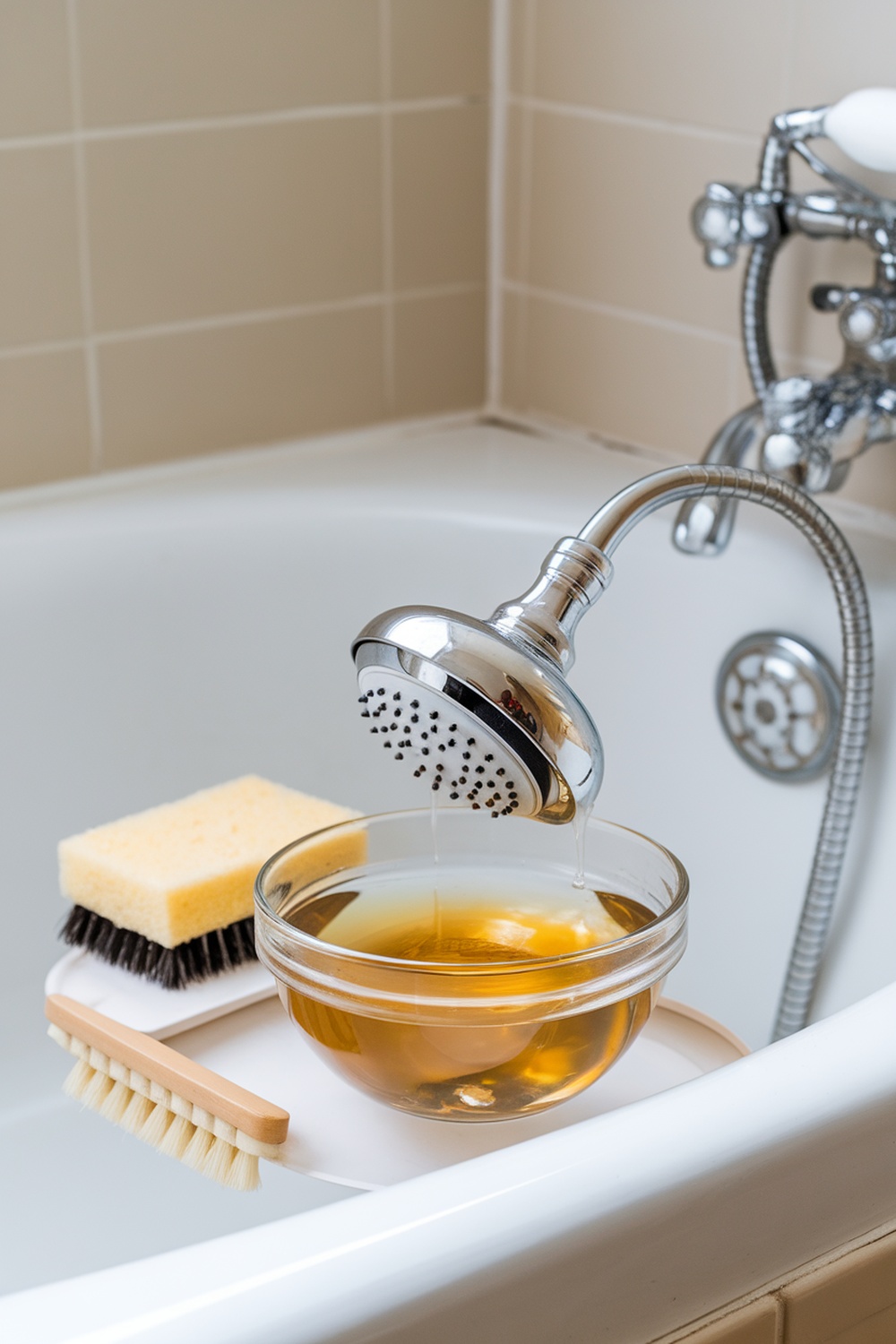 A showerhead soaking in a bowl of vinegar with cleaning brushes nearby.