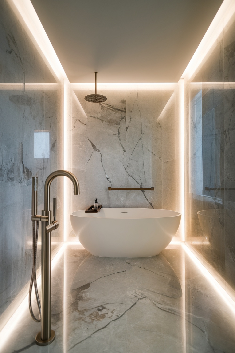 A modern bathroom with a freestanding tub, sleek fixtures, and elegant marble walls.