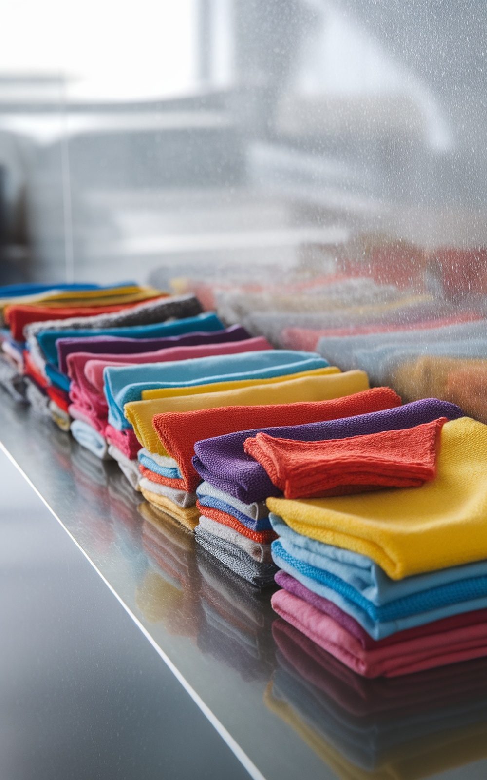 A colorful array of microfiber cloths neatly stacked, showcasing their vibrant colors and textures.