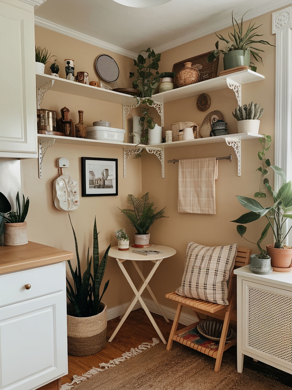A cozy kitchen corner with shelves, plants, and a small table.