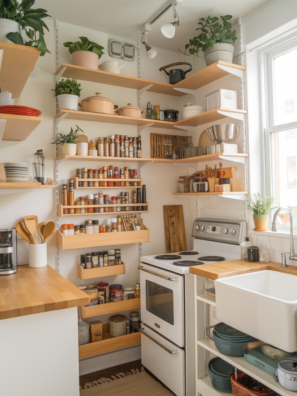 A small kitchen with vertical shelving, organized spices, pots, and plants, showcasing efficient use of space.