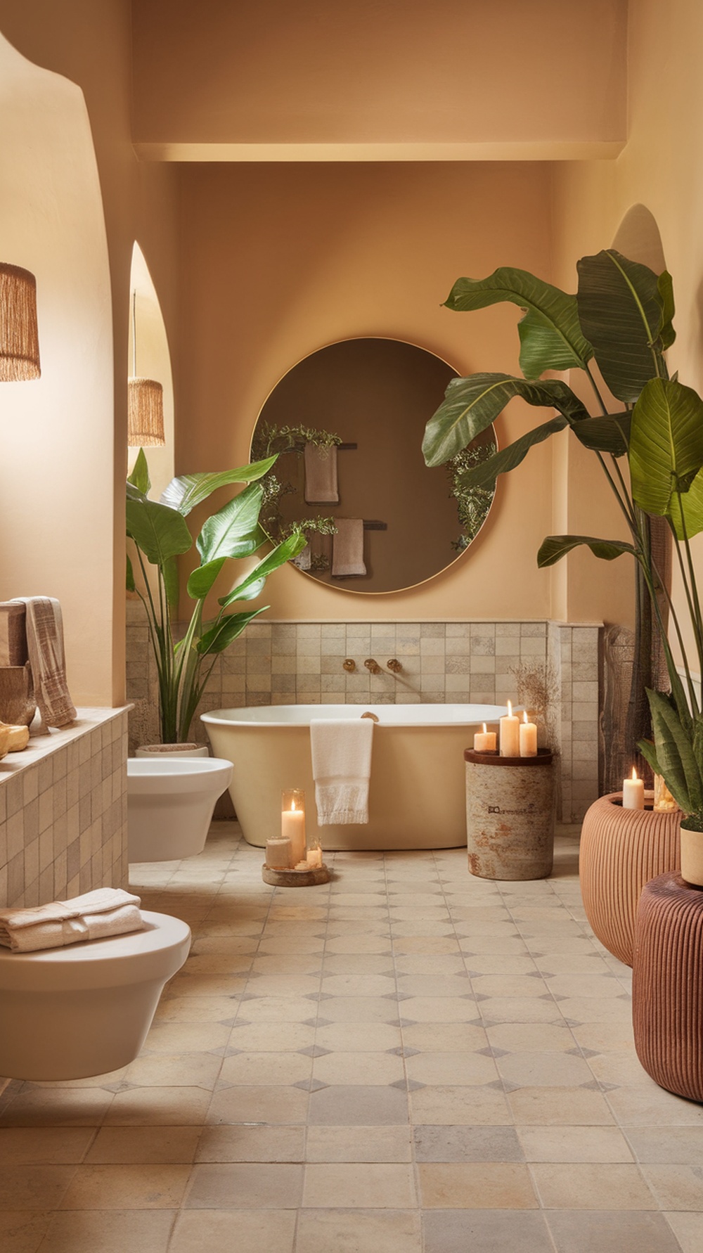 A warm-toned bathroom featuring earthy colors, plants, and cozy decor.