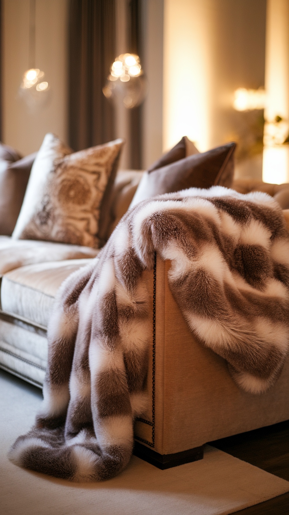 A cozy living room featuring a Wayfair faux fur throw blanket draped over a stylish couch, with decorative pillows and modern art in the background.