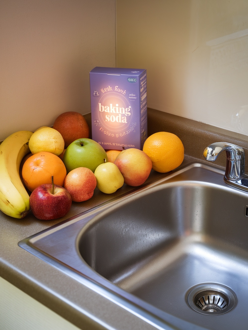 A box of baking soda next to a variety of fresh fruits on a kitchen countertop.