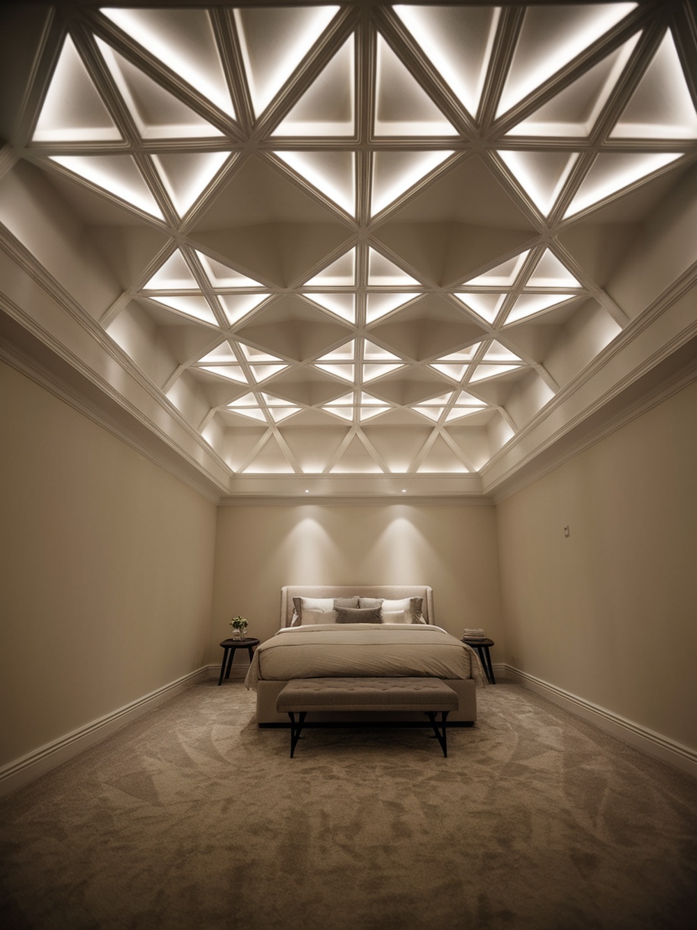 A modern bedroom with a geometric ceiling design featuring triangular patterns and soft lighting.