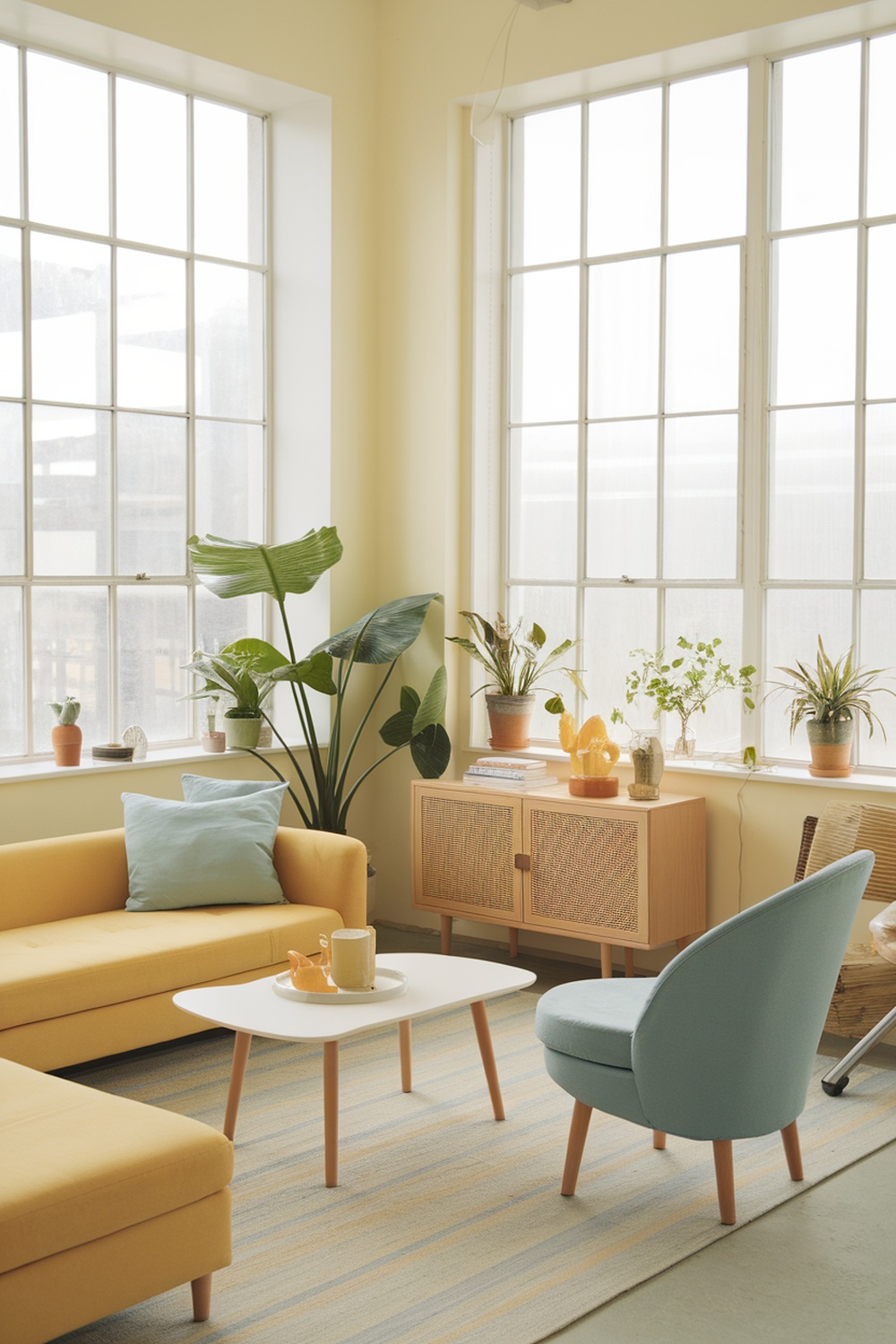 A bright and airy living room featuring a yellow sofa, light blue chair, and large windows with plants.