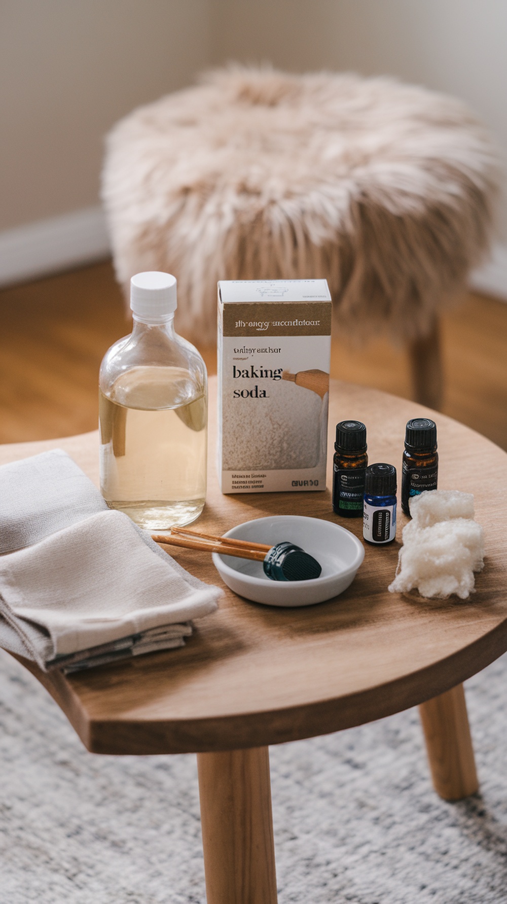 DIY rug cleaning supplies including vinegar, baking soda, essential oils, and cleaning cloths on a wooden table.