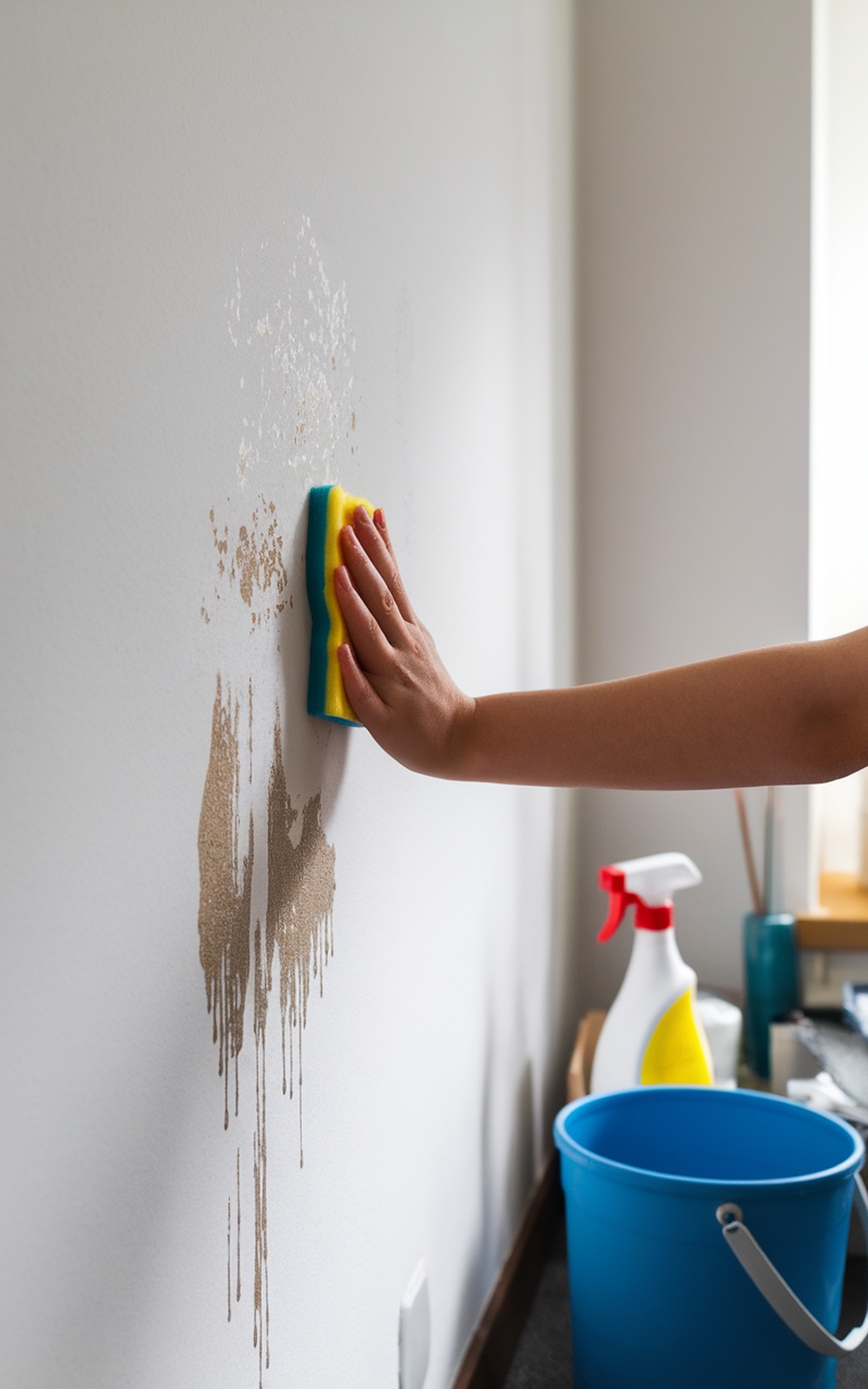 A hand scrubbing a wall with a sponge to remove scuff marks.
