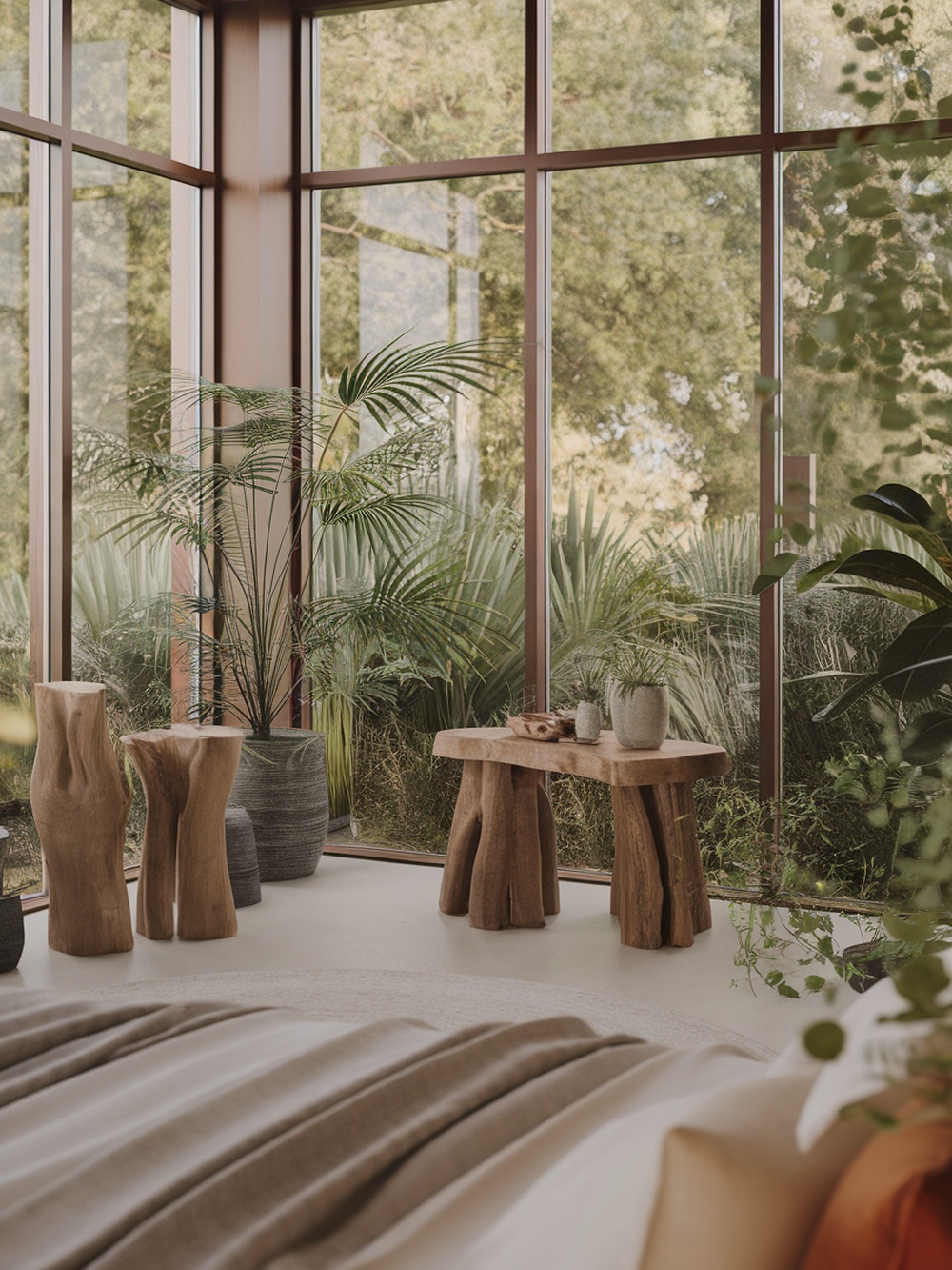A serene bedroom featuring large windows with greenery outside, wooden furniture, and soft bedding.