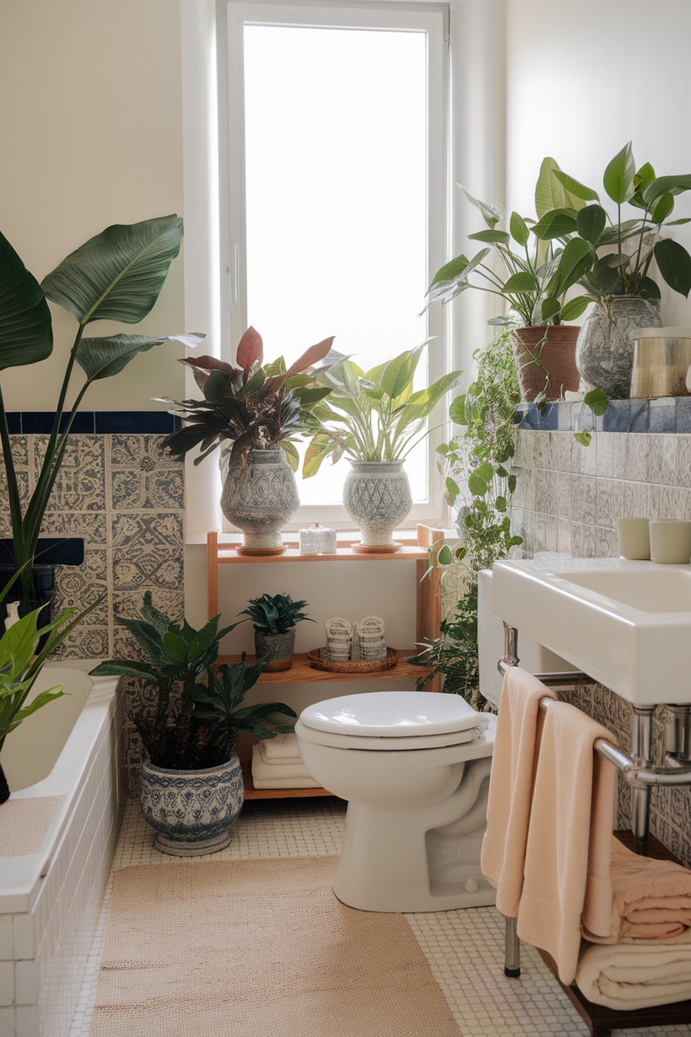 A bathroom filled with various plants, showcasing a vibrant and refreshing atmosphere.