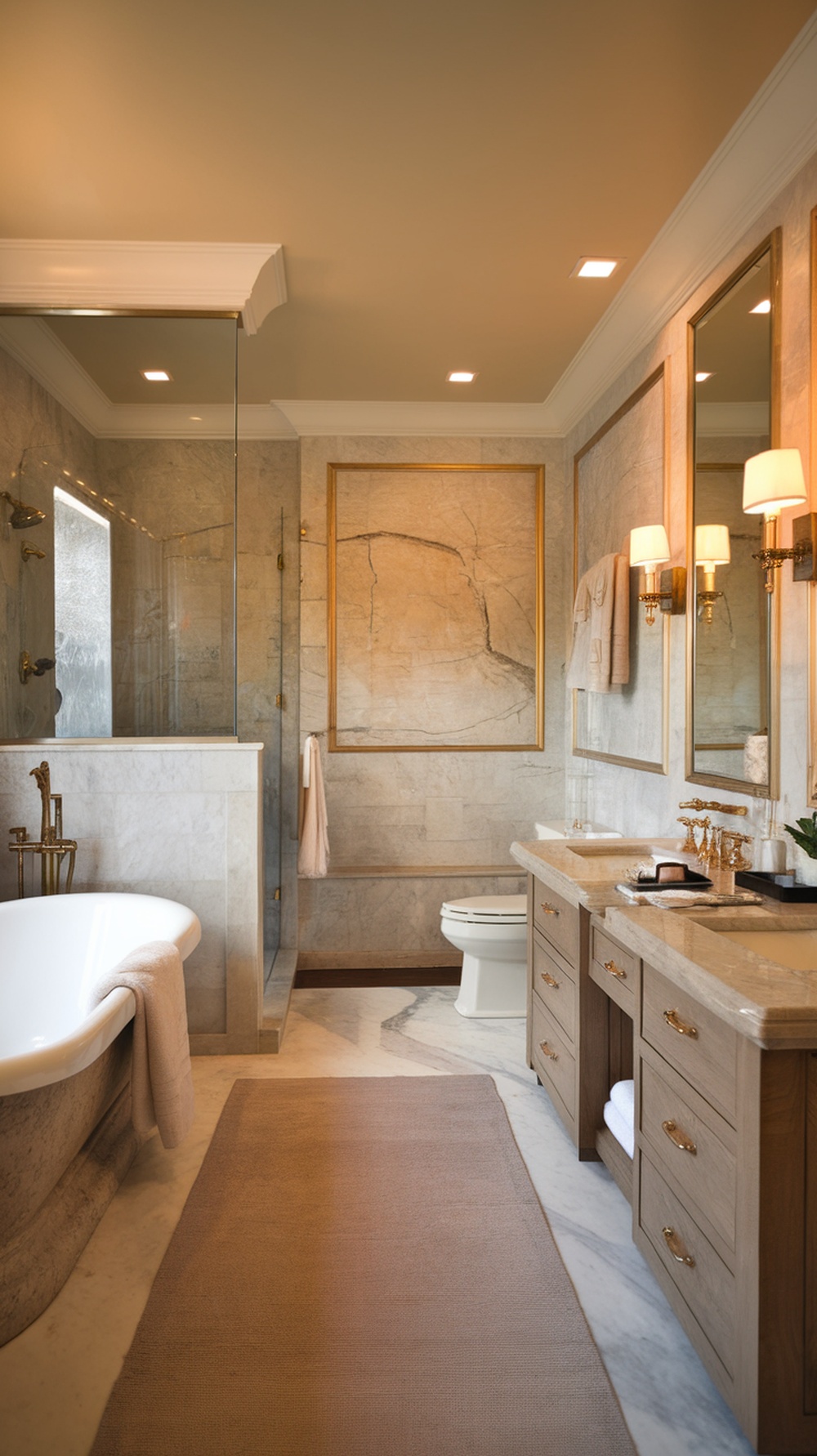Luxurious bathroom featuring marble walls, a freestanding bathtub, wooden cabinetry, and warm lighting.