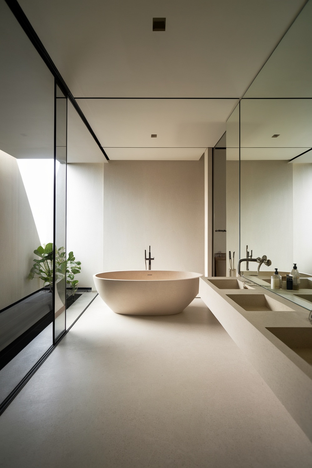 A modern bathroom featuring a freestanding bathtub, large mirrors, and a minimalist design.