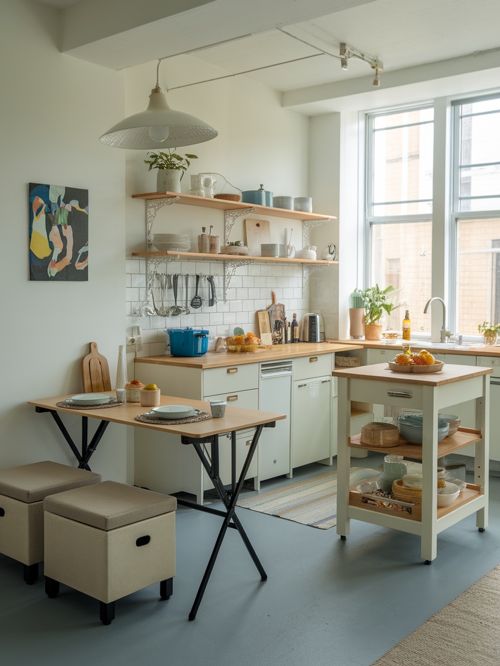 A small kitchen featuring multi-functional furniture, including a folding table and stools, maximizing space efficiency.