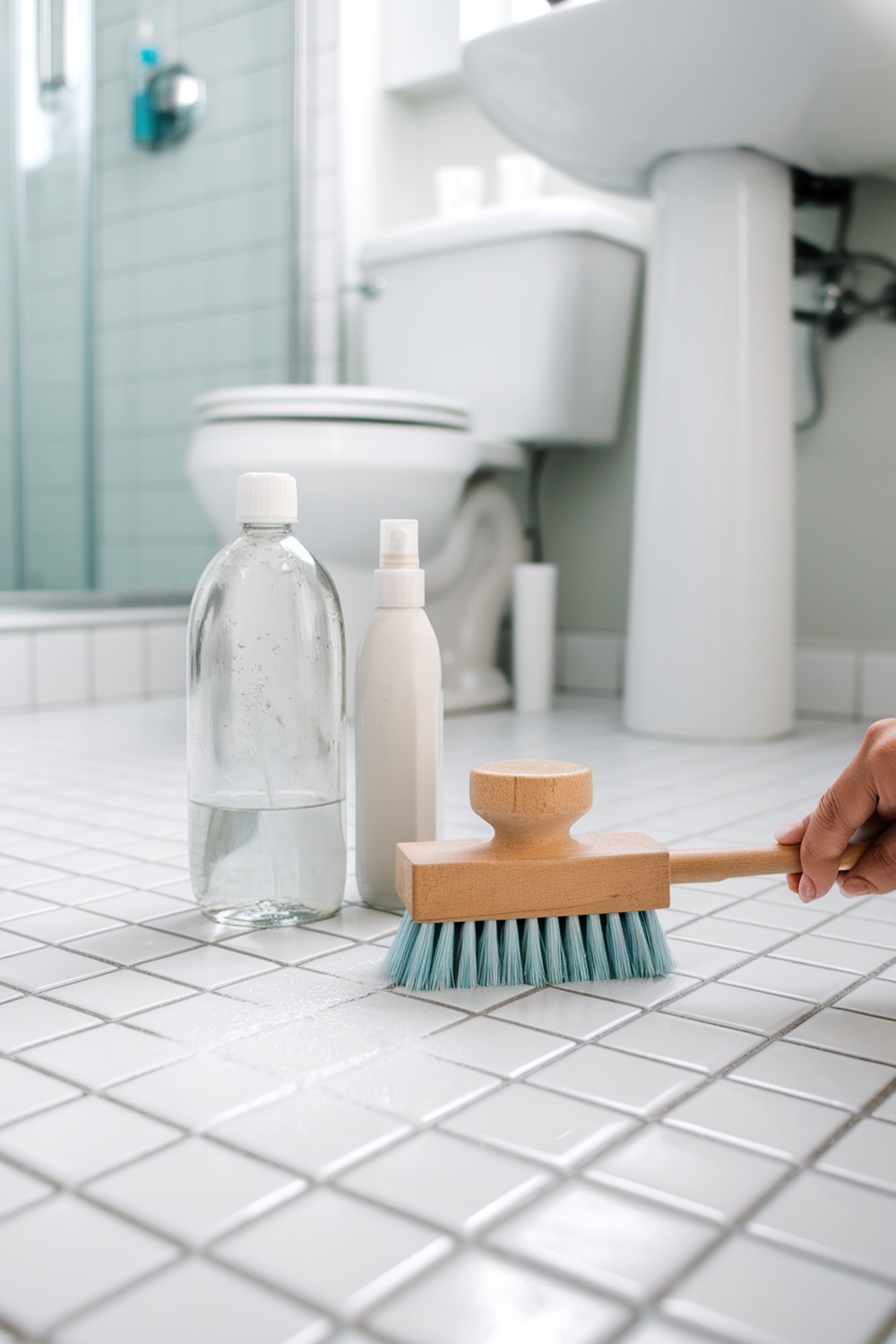 A bathroom cleaning setup with a brush and spray bottles on tiled floor