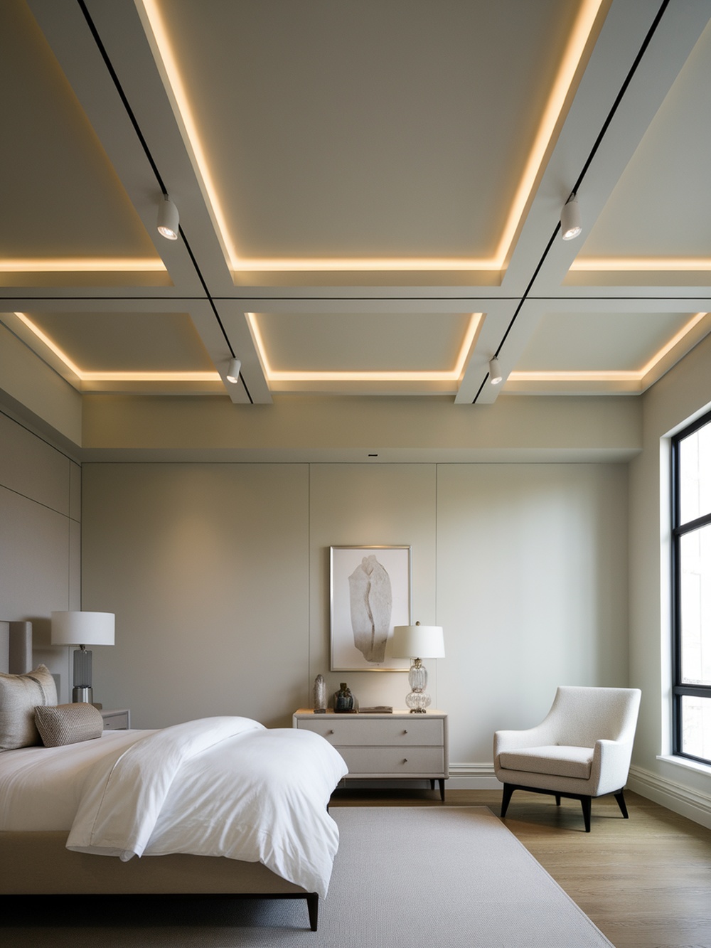 A modern bedroom with a sleek minimalist ceiling design featuring recessed lighting and clean lines.