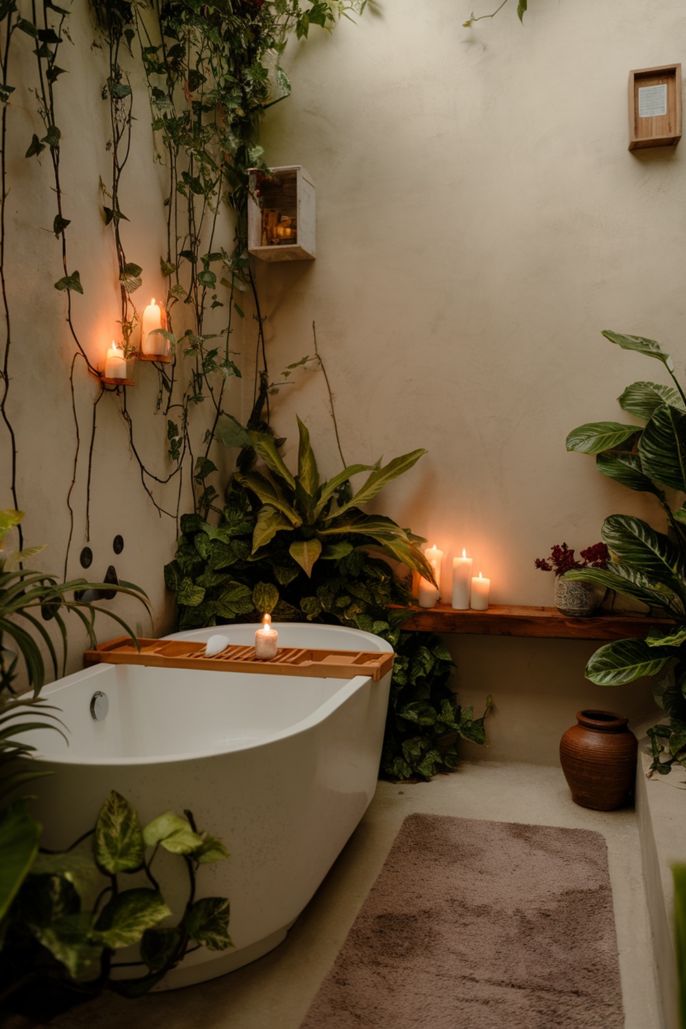 A serene bathroom with a freestanding tub surrounded by plants and candles, creating a relaxing spa-like atmosphere.