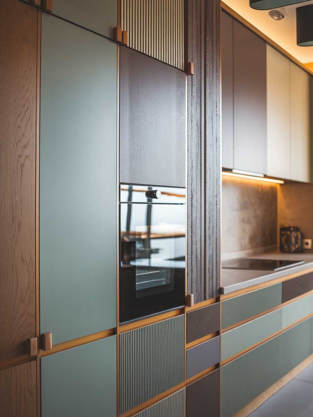 A modern kitchen with textured cabinetry featuring a mix of wood and colored finishes.