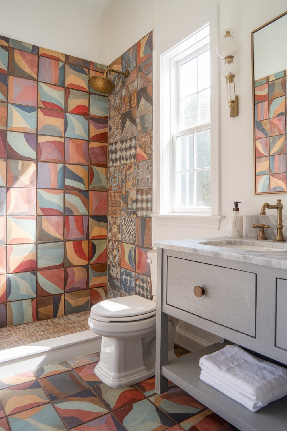 A bathroom featuring colorful statement tiles on the walls and floor, showcasing a modern design.
