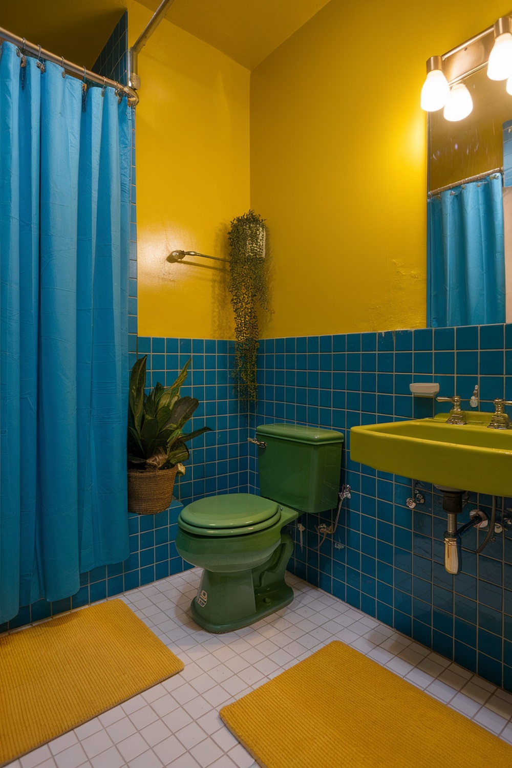 A vibrant bathroom featuring yellow walls, blue tiles, and green fixtures.