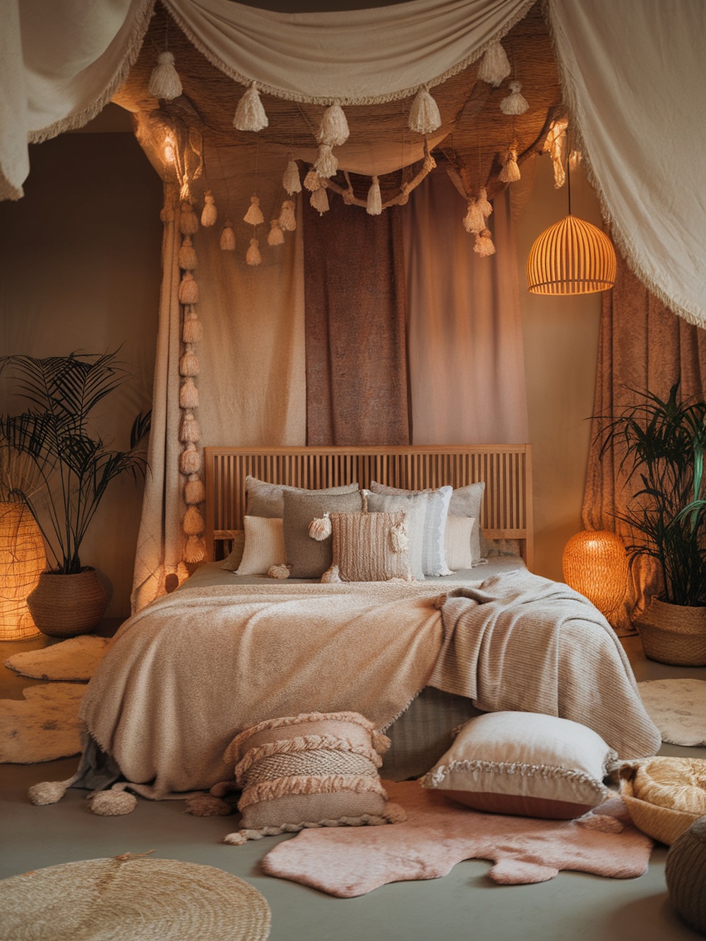 Cozy bedroom with layered textiles, featuring a bed with various cushions and throws, warm lighting, and decorative elements.