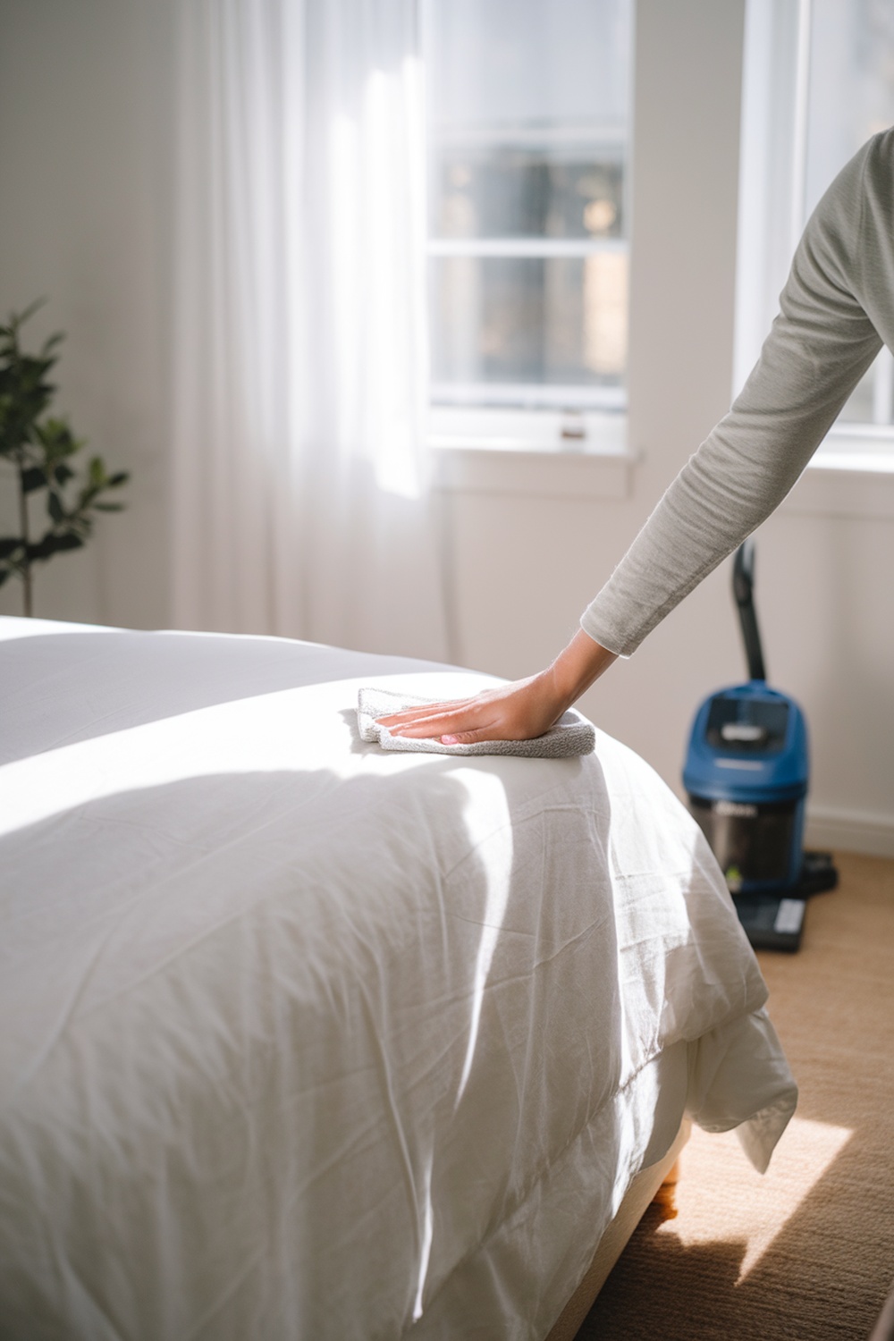 A person dusting a bed in a bright, clean bedroom with a vacuum cleaner in the background.
