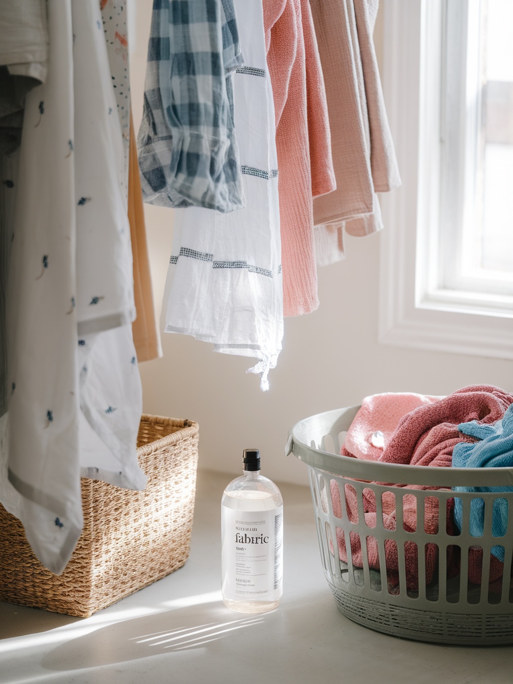 Laundry setup with colorful towels and shirts hanging to dry, a bottle of fabric freshener nearby.