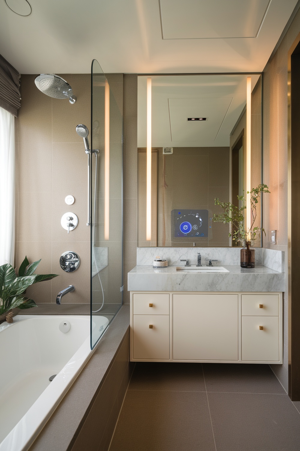 A modern bathroom featuring a smart control panel, sleek fixtures, and a stylish design.
