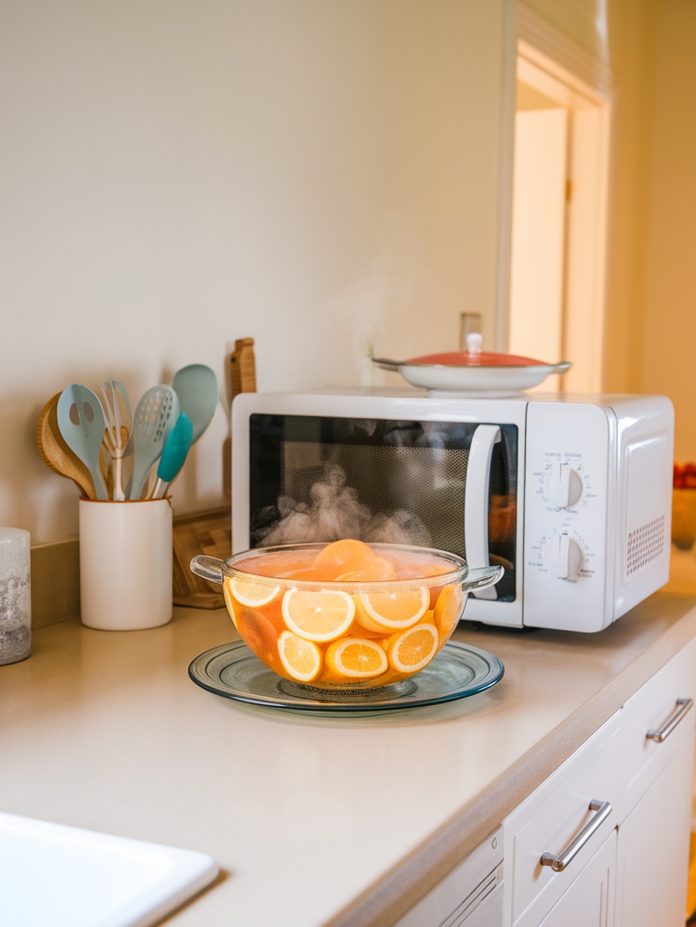 A bowl of lemon slices steaming in a microwave, demonstrating a cleaning hack.