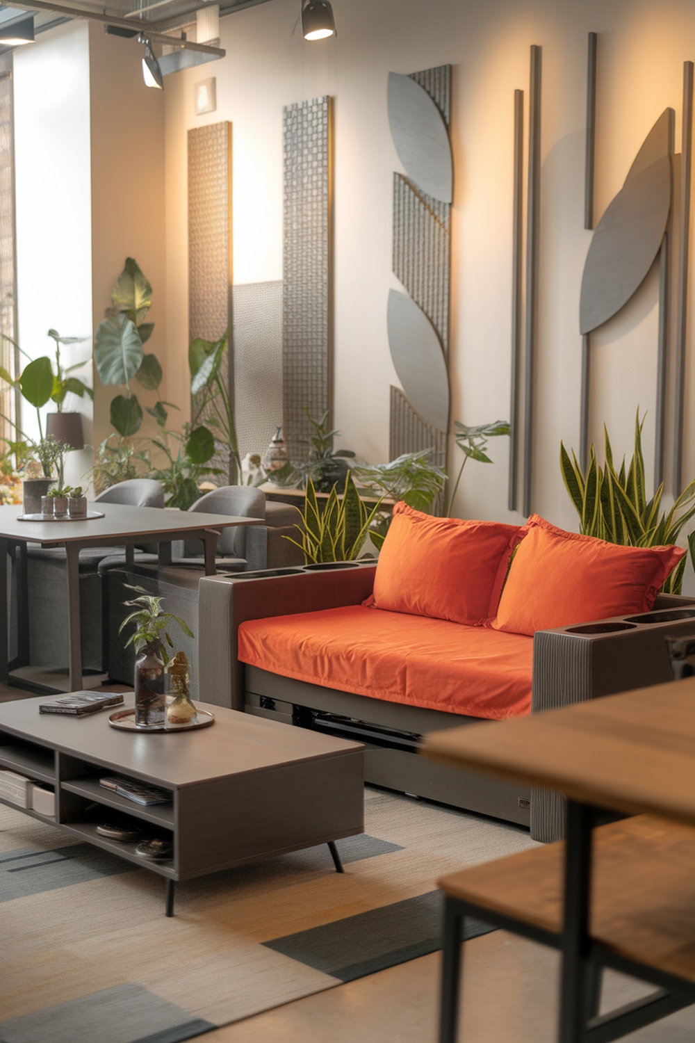 A cozy living room featuring multi-functional furniture with orange cushions, a coffee table with storage, and plants for decoration.