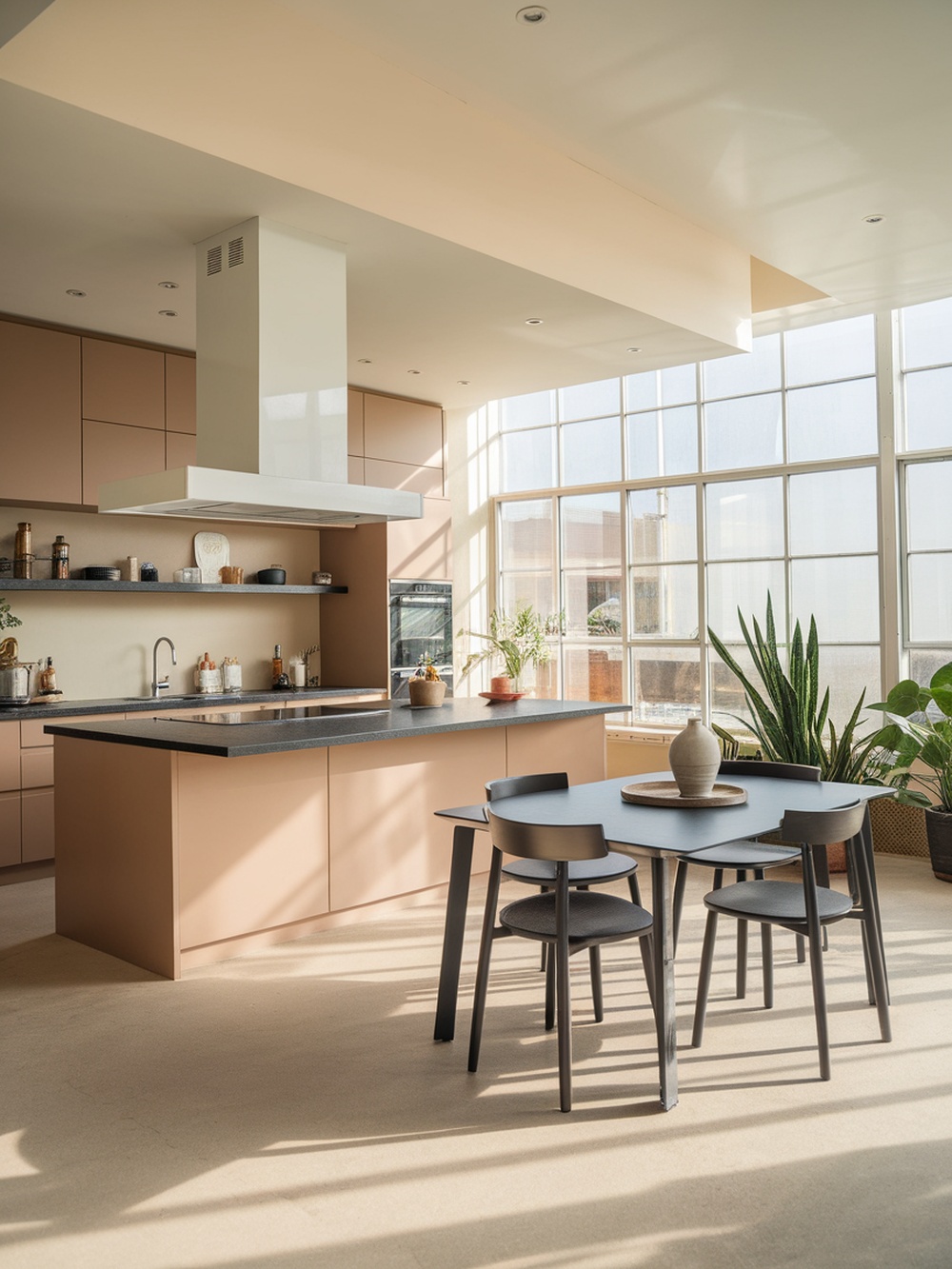 Modern open concept kitchen with peach cabinetry and large windows