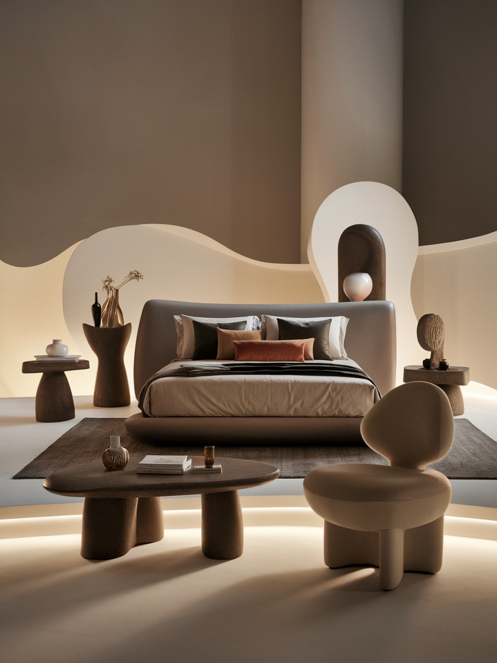 A modern bedroom featuring sculptural furniture with a uniquely shaped bed and artistic side tables.