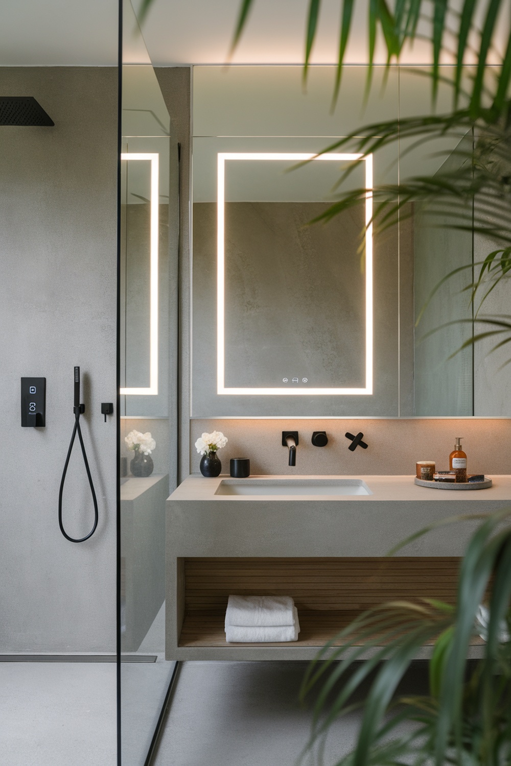 A modern smart bathroom featuring sleek design, integrated technology, and elegant finishes.