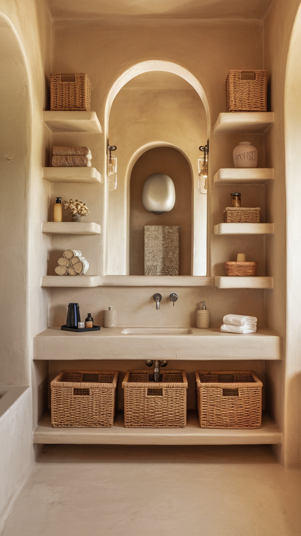A modern bathroom with smart storage solutions, featuring open shelves and woven baskets.