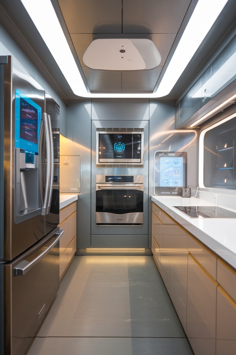 A modern kitchen featuring smart technology appliances, including a touchscreen refrigerator and sleek oven.