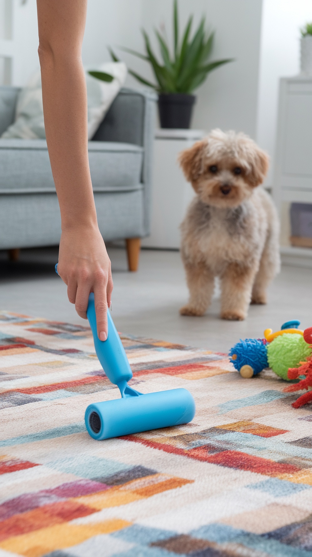 A person using a lint roller on a colorful rug while a dog watches.