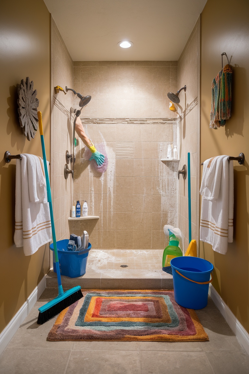 A person cleaning a shower with a sponge and cleaning supplies, showcasing a bright and organized bathroom cleaning setup.