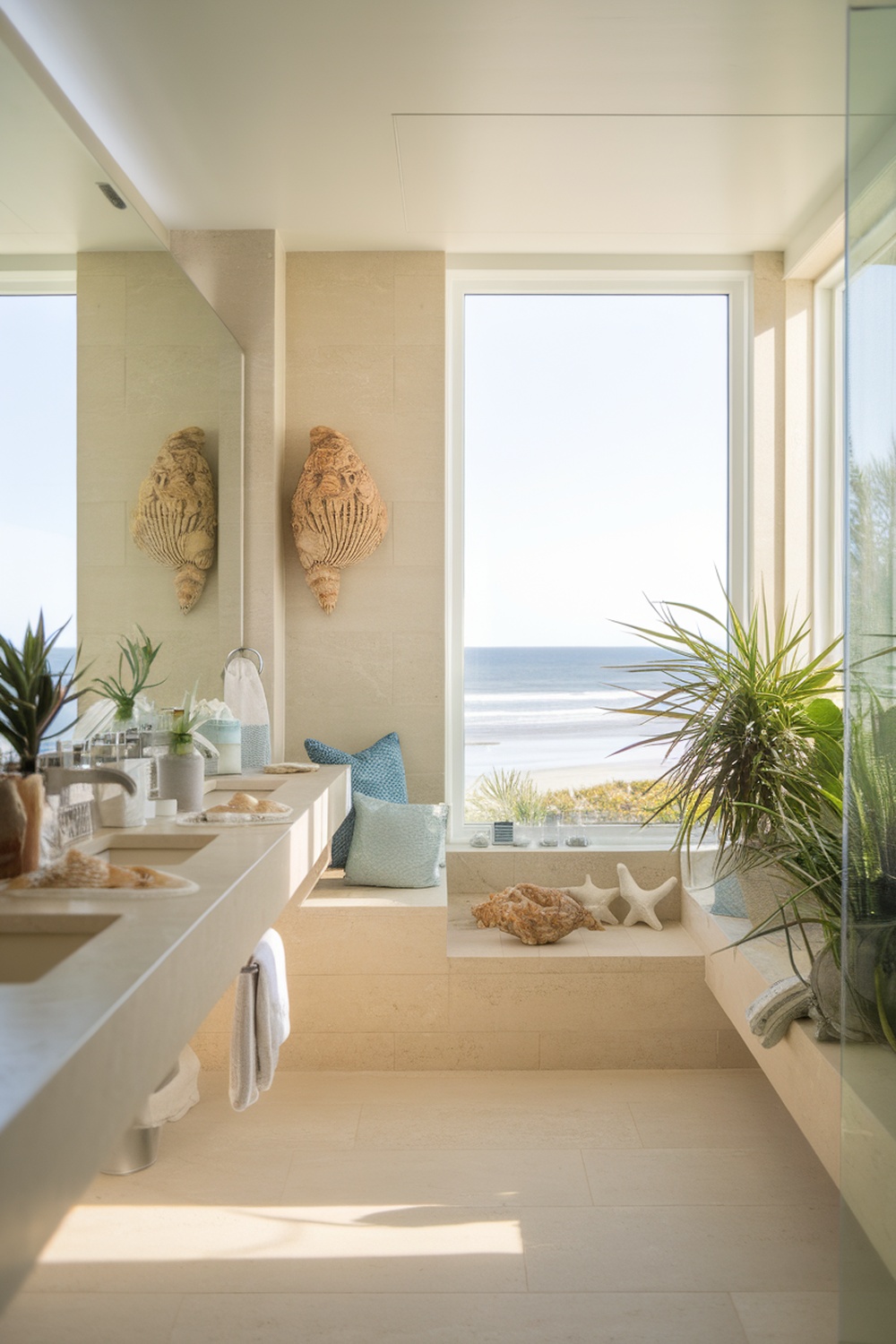 A bright and airy coastal bathroom with a view of the ocean, featuring natural stone walls, decorative shells, and plants.