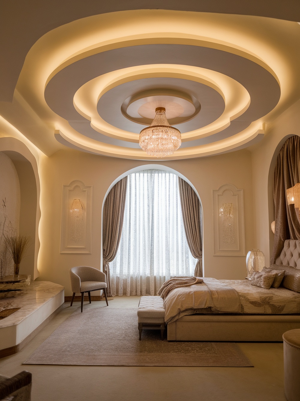 A beautifully designed bedroom with soft lighting and an elegant chandelier.