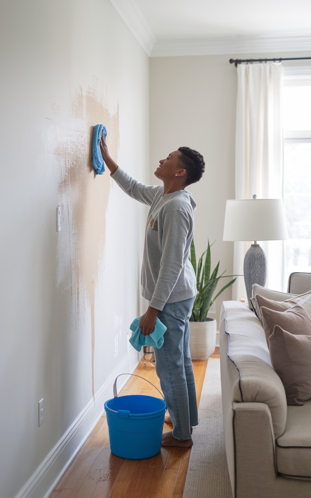 A person cleaning a painted wall with a cloth and bucket in a bright living room.